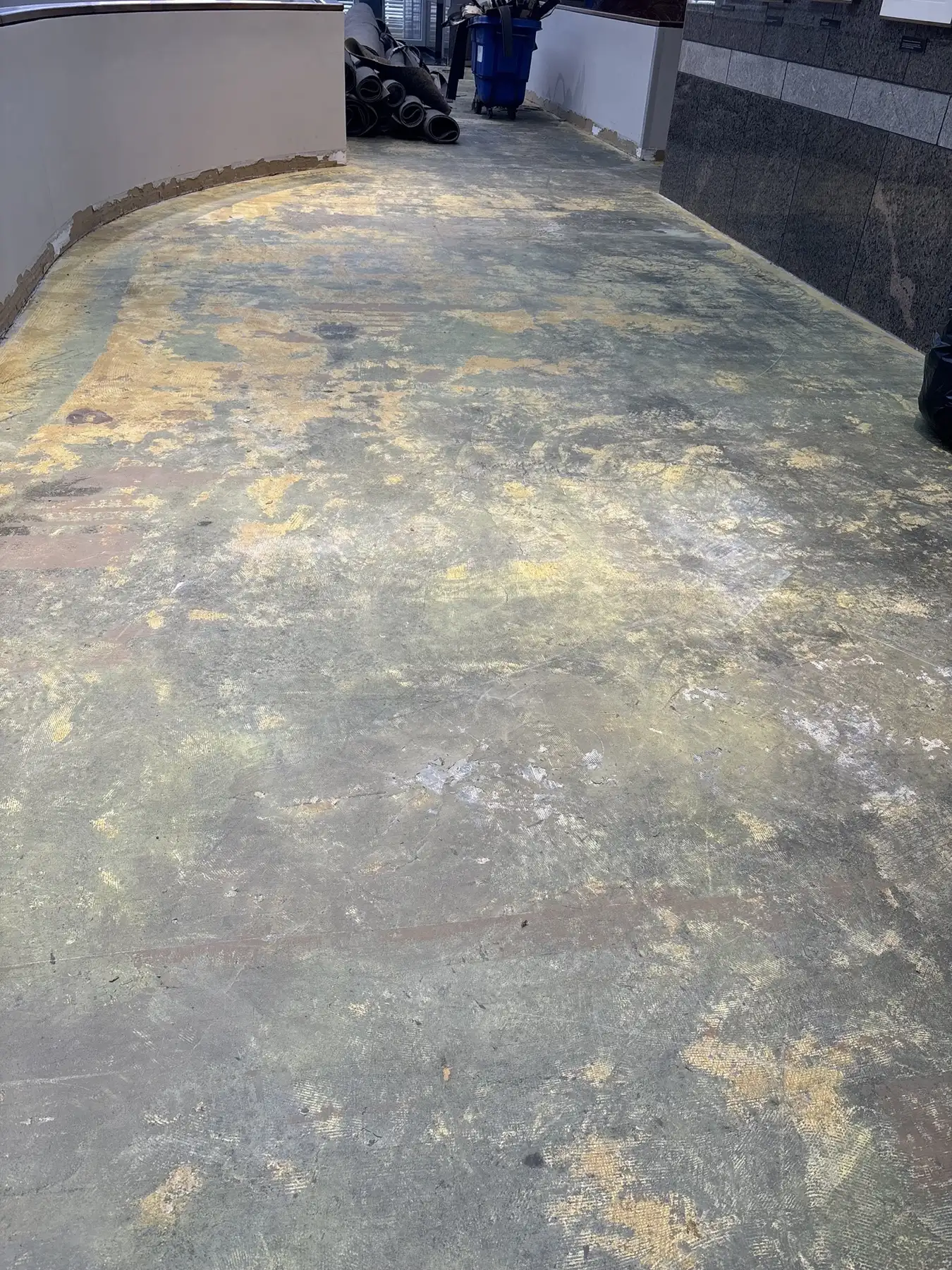 Atrium concrete floor stained and scarred with old adhesive after the previous flooring was removed